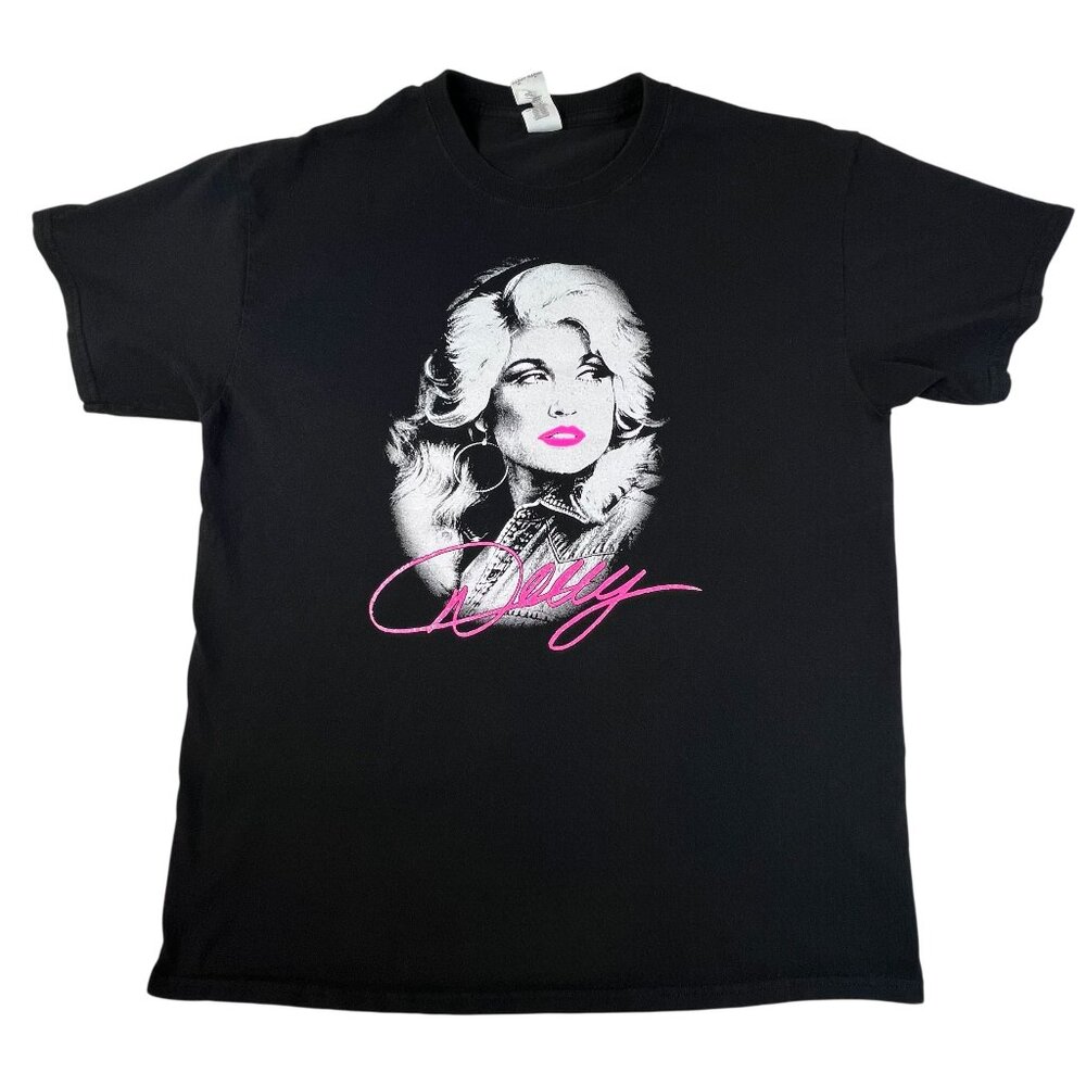 Dolly Parton Black Graphic Tee Hot Pink Portrait Gildan Heavy Cotton Size L